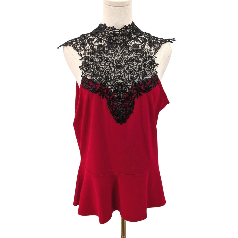 Romantic lace peplum top‎ red black sheer neckline tie back blouse M
